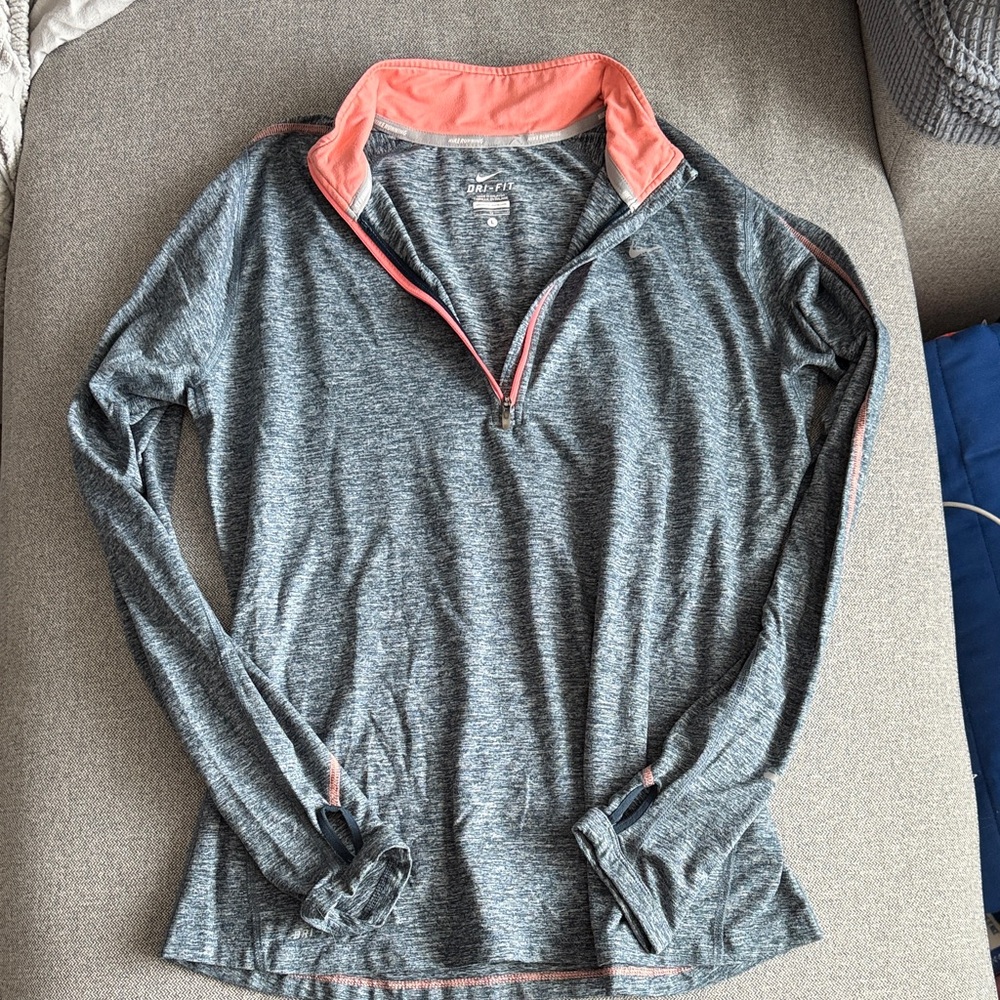 Nike Running Dri-Fit Heather Blue and Coral Quarter-Zip Pullover size L